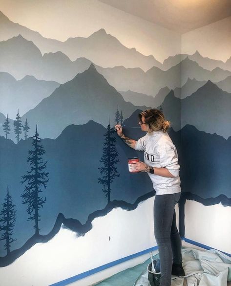 Image may contain: one or more people, people standing, mountain and outdoor Mountain Mural, Painting Trees, Fall Creek, Mural Ideas, Wall Designs, Kid Room, Mural Art, Nursery Ideas, Girls Room