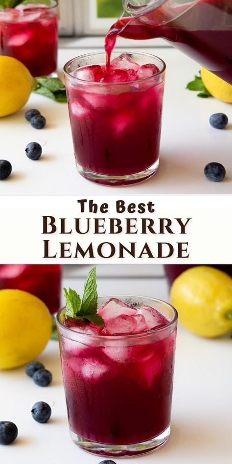 blueberry lemonade being poured into a glass and garnished with mint. Blueberry Lemonade Recipe, Pane Naan, Iced Drinks Recipes, Resep Smoothie, Tea Drink Recipes, Drink Recipes Nonalcoholic, Blueberry Lemonade, Lemonade Drinks, Refreshing Drinks Recipes