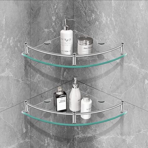 Amazon.com: Glass Corner Shelf Glass Shelves for Bathroom Shower Corner Shelf with Rail Wall Mounted Drill Hole for Inside Shower 2 Pack : Tools & Home Improvement Corner Shelves Design, Shower Corner Shelves, Shelf With Rail, Glass Corner Shower, Glass Shower Shelves, Corner Shower Shelf, Glass Corner Shelves, Corner Shelf Design, Shower Corner Shelf