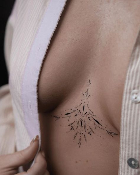 Ornament Tattoo Sternum, Ornamental Sternum Tattoo Design, Sternum Tattoo Dainty, Tiny Sternum Tattoo Women, Fine Line Sternum Tattoo Women, Delicate Sternum Tattoo Women, Sternum Tattoo Ornamental, Tattoo Between Breast Women, Ornamental Underboob Tattoo