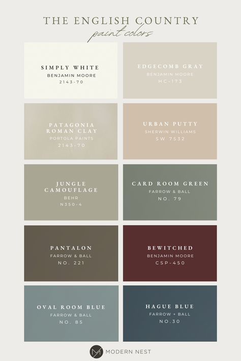 Country Kitchen Colour Schemes, Rustic Cottage Color Palette, Moody Cottage Color Palette, Bm Fading Twilight, Weekend Getaway Paint Color, 1900 Color Palette, English Country Cottage Color Palette, Rich Wall Colors, Home Paint Pallet Color Palettes