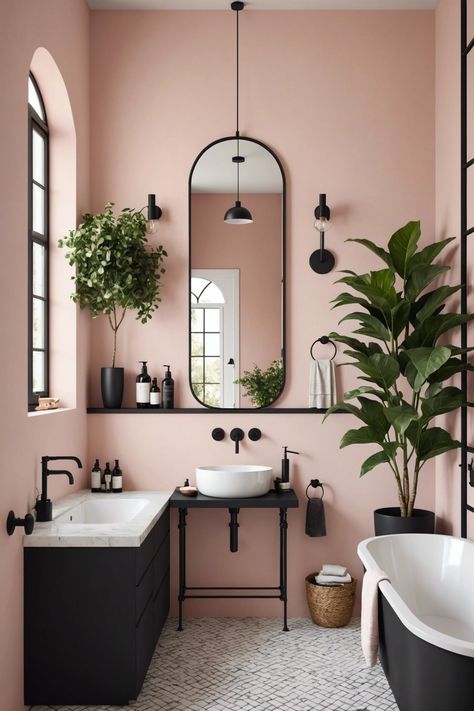 Pink Brown Bathroom Ideas, Pink Bathroom Black Fixtures, Pink Black Wood Kitchen, Pink Wall Bathroom Ideas, Pink And Olive Green Bathroom, Home Interior Design Pink, Pink Black Room Ideas, Pink Wall Tiles Bathroom, Black Pink And White Bathroom