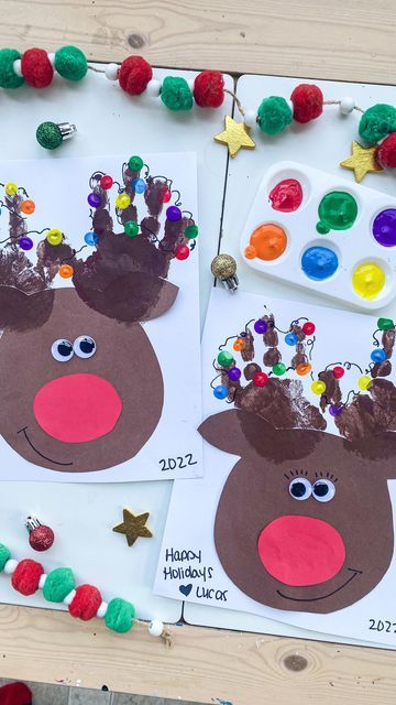 Handprint Reindeer Craft, Reindeer Handprint Craft, Reindeer Crafts Preschool, Reindeer Art Projects, Handprint Reindeer, Reindeer Christmas Cards, Winter Crafts For Toddlers, Reindeer Handprint, December Ideas