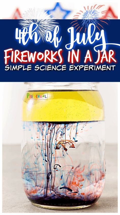 Make your own fireworks in a jar with this Independence Day Activities! For these firework activities, children will be doing an oil and water experiment with a twist to make pretty red, white and blue 4th of July science experiments. This summer experiment is such a fun, patritic 4th of July activity for toddler, preschool, pre-k, kindergarten, first grade, 2nd grade, and 3rd graders to learn about the density of oil and water. Fireworks In A Jar, Oil And Water Experiment, Independence Day Activities, Memorial Day Activities, American Flag Crafts, Fourth Of July Crafts For Kids, July Activities, Summer Preschool Activities, Science Experiment For Kids