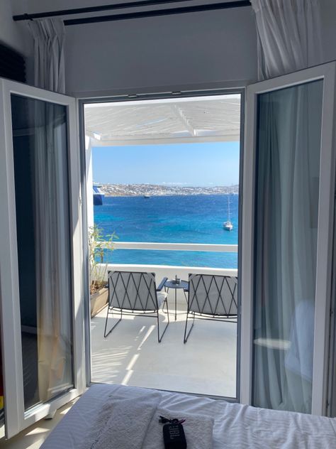 Stunning view from our hotel room in Mykonos #lucky #dreamlife #dreamvacation #vacation #vacationgoals #mykonosgreece #greece #travel #travelgram Greece Hotel Aesthetic, Mykonos Hotel Room, Greece Hotel Room, Santorini Greece Hotel, Tiktok Hooks, Mykonos Greece Hotels, Hotels In Santorini Greece, Hotel Greece, Mykonos Hotels