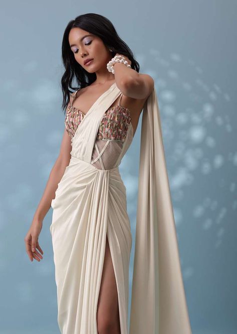 Ivory White Ready-To-Wear Embroidered Drape Saree Gown In Satin Draped Saree Gown, Blouse Satin, Saree And Blouse, Saree Gown, Vacuum Storage, Drape Saree, Indian Dresses Traditional, Traditional Indian Outfits, Party Wear Indian Dresses