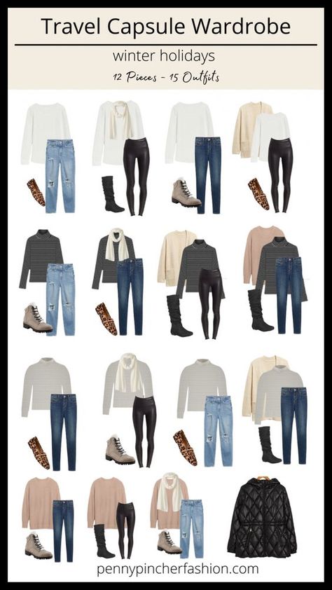 Travel Capsule Wardrobe for the Holidays - Penny Pincher Fashion Winter Layering Outfits Travel, 3 Week Capsule Wardrobe Winter, Cold Weather Capsule Wardrobe Packing Light, 12 Items 20 Outfits, 7 Day Travel Capsule Wardrobe Winter, Travel Capsules Fall, Cool Weather Travel Capsule, Interchangeable Outfits For Travel, Winter Travel Capsule Wardrobe 2023