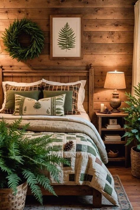 Rustic Cosy Home, Winter Cabin Decor Ideas, Rustic Country Interior, Cozy Winter Beds, Ski Lodge Bedroom Ideas, Rustic Farm Bedroom, Cozy Cabin Decor Bedroom, Interior Design Mountain Home, Mountain House Bedroom Ideas