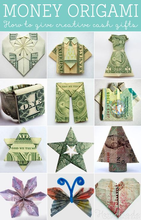 Money origami tutorials. How to give creative cash gifts at weddings, birthdays and the holiday season.! Origami Stella, Money Origami Tutorial, Homemade Birthday Gifts, Origami Money, Origami Projects, Folding Money, Dollar Origami, Origami Gifts, Tutorial Origami