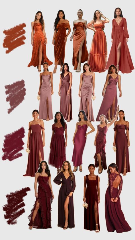 Fall Bridesmaid Dress Colors, Bridesmaid Dress Color Schemes, Autumn Color Palette Fashion, Fall Bridesmaids, Dramatic Hair, Fall Bridesmaid Dresses, Wedding Party Outfits, Bridesmaid Colors, Outdoor Fall Wedding