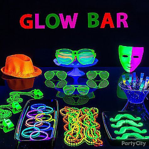 Light Party Ideas, Black Light Party Ideas, City Decorations, Neon Glasses, Black Light Party, Glow Bar, 80s Birthday Parties, Glow In Dark Party, Neon Birthday Party