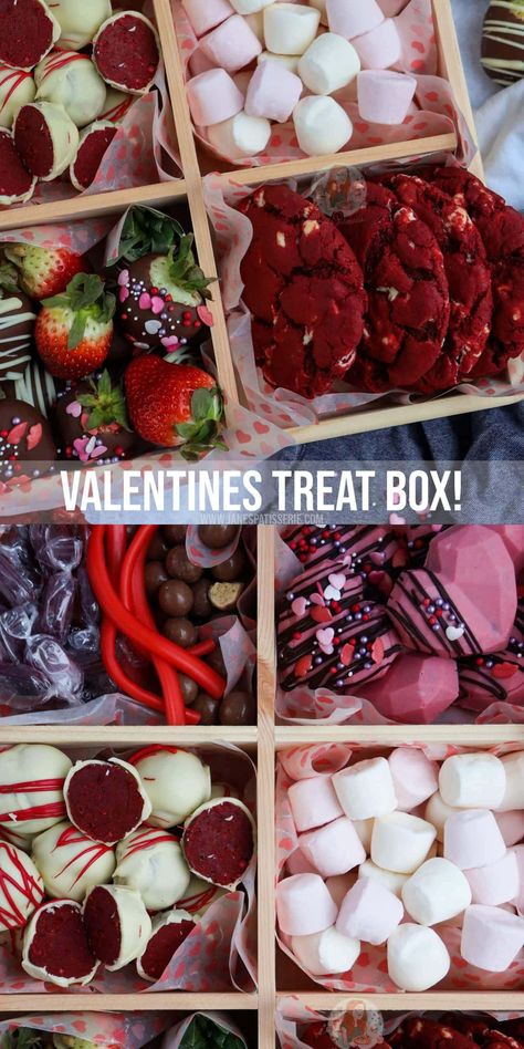 Valentine's Treat Box! - Jane's Patisserie Valentine Baking Recipes, Chocolate Coated Strawberries, Marshmallow Sweets, Chocolate San Valentin, Cookie Gift Boxes, Valentines Recipes Desserts, Janes Patisserie, Strawberry Box, Valentines Baking