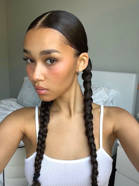 Selfie of a girl with two sleek braids and natural makeup Slicked Back Hairstyles, Sleek Braid, Two Braid Hairstyles, Plaits Hairstyles, Two Braids, Hairdos For Curly Hair, Peinados Fáciles Para Cabello Corto, Slicked Back Hair, Work Hairstyles