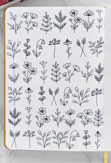 Dainty Flower Doodles, How To Draw Cute Plants, Flowers Doodle Aesthetic, Big Flower Doodles, Simple Flower Sketch Doodles, Doodle Drawings Aesthetic Flowers, Aesthetic Doodles Flowers, May Bujo Ideas, Doodle Plants Flower