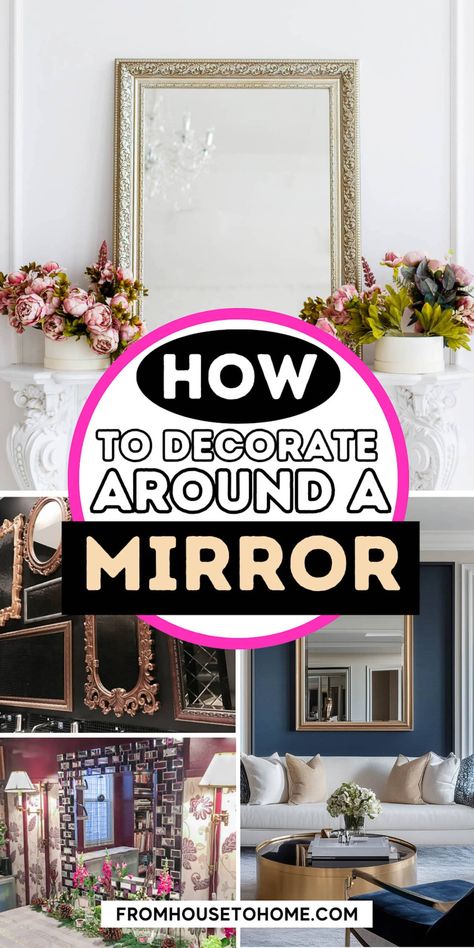 how to decorate around a mirror Wall Decor Using Mirrors, Wall Art Around Mirror, Farmhouse Mirror Living Room Wall, Mirror And Wreath Decor, Sides Of Mirror Wall Decor, Walls With Large Mirrors, Mirror And Picture Frame Wall Decor, Wall Decor With Mirrors And Pictures, Dinning Mirror Wall Decor