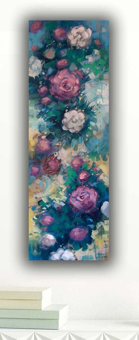 Tall, narrow canvas floral flower painting. A colorful painting bursting with color and energy. A contemporary take upon a timeless motif for great wall art. Browse my Etsy shop to find original artworks large and small for any budget! Go look! Narrow Canvas Painting Ideas, Acrylic Painting Long Canvas, Painting Ideas For Long Canvas, Tall Canvas Painting Ideas, Long Canvas Painting, Long Canvas Painting Ideas, Narrow Painting, Art Knowledge, Long Painting