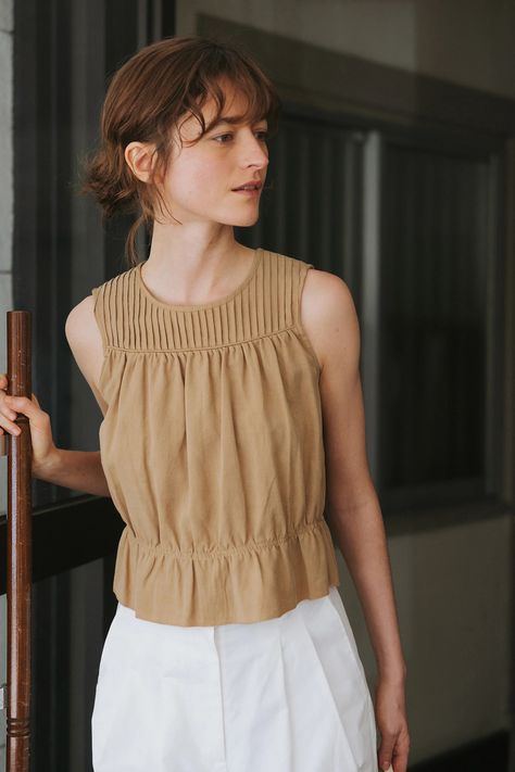 Demi Blouse | Women's Sleeveless Blouse | Walnut Colour | TENCEL™ Linen Blend | Something to Hold Ceramic Shoes, Minimal Life, Pintuck Blouse, Dress Ideas, Pin Tucks, Cinched Waist, Blouse Dress, Blouse Top, Sleeveless Blouse