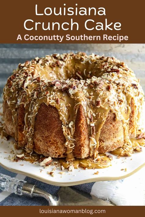 Louisiana Crunch Cake is a moist, buttery pound cake with a sugary coating on the outside, drizzled with a cane sugar glaze and topped with lots of crunchy toasted coconut flakes and pecans. Mile High Pound Cake Recipe, French King Cake Recipe, Louisiana Crunch Cake, Buttery Pound Cake, Southern Cakes, Cake Bundt, Louisiana Woman, Coconut Pound Cakes, King Cake Recipe