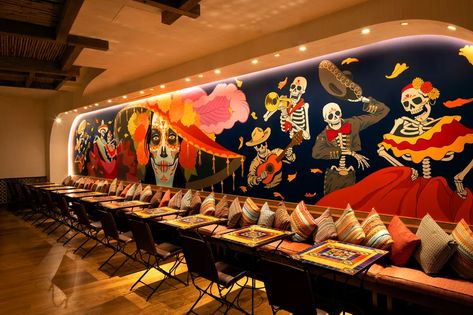 Happy hour and Taco Tuesday highlight the Mexican menu at Casa Calavera at Virgin Hotels - Eater Vegas Roasted Red Salsa, Mexican Restaurants Interior, Achiote Chicken, Virgin Hotel, Mexican Restaurant Design, Mexican Restaurant Decor, Eclectic Restaurant, Mural Cafe, Mexican Bar