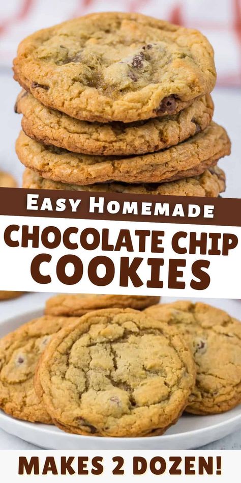 The best easy chocolate chip cookies recipe! Make 2 dozen classic chocolate chip cookies from scratch as a delicious dessert for any occasion. #chocolatechipcookies #easycookies #chocolatechip Homemade Cookies Chocolate Chip, Easy Homemade Chocolate Chip Cookies, Easy Chocolate Chip Cookies Recipe, Chocolate Chip Cookies From Scratch, Soft Caramels Recipe, Easy Chocolate Chip Cookie, Basic Chocolate Chip Cookies, Simple Chocolate Chip Cookie Recipe, Classic Chocolate Chip Cookies