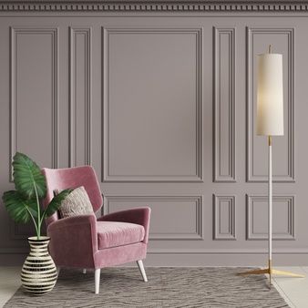 Premium Photo | Cassic interior with blue armchair and floor lamp Classical Wall Panelling, Wall Panelling Design, Wall Molding Living Room, Loft Style Living Room, Vintage Living Room Design, Panelling Design, Classical Living Room, Ruangan Studio, Pink Armchair