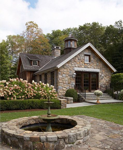 Designed by Mark P. Finlay Architects, the concept of this stone and wood barn was to create a retreat for the owner of this Ridgefield, Connecticut property. #landscape #barn Wood Barn, Casa Vintage, Stone Houses, Stone House, Rustic Barn, Cottage Homes, Architect Design, Barn House, House Designs Exterior