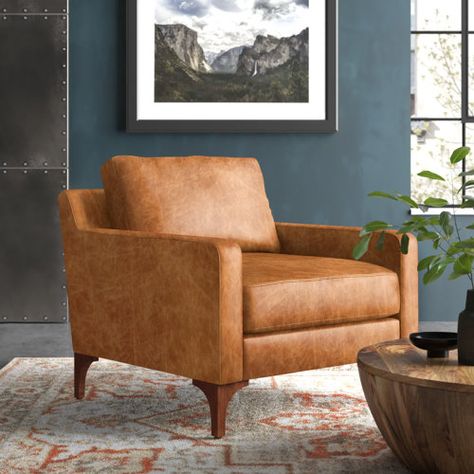 Sand & Stable Abbott Genuine Leather Square Arm Accent Chair | Wayfair Tan Accent Chair Living Room, Leather Accent Chairs For Living Room, Tan Leather Chair, Brown Leather Chairs, Leather Accent Chair, Leather Lounge Chair, Leather Couch, Leather Lounge, Living Room Furniture Chairs