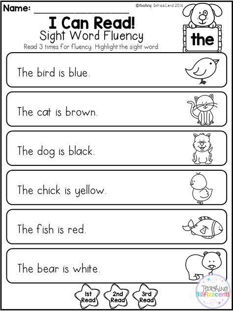 Kindergarten Sight Word Fluency (Pre-Primer) This pack is great for beginning readers or struggling readers in kindergarten and in first grade to build confidence in reading. Inside you will find: 40 Reading Fluency Pages *Each pages is focused on one sight word. Students read the text and highlight the sight word focused on. Sight Word Fluency, Sight Word Sentences, Kindergarten Reading Worksheets, Sight Word Reading, Worksheets For Kindergarten, English Worksheets For Kids, Sight Words Kindergarten, Word Sentences, Beginning Reading