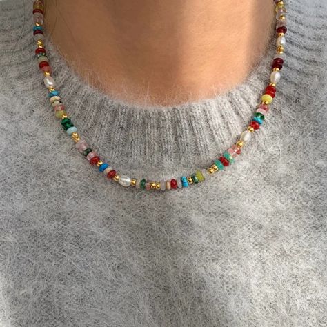 Gold Filled So Will Not Tarnish Beaded Necklace Rainbow, Multi Colored Beaded Necklace, Multicolored Beaded Necklace, Custom Beaded Necklace, Colourful Beads Necklace, Anthropologie Beaded Necklace, Colorful Gold Necklace, Bead Necklace Stack, Bead Soup Necklace