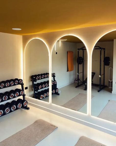 Small-Space Home Gym Ideas for a Compact Workout Room - Matchness.com Windowless Home Gym, Personal Gym Design, Home Gym And Sauna, Girly Home Gym, Fitness Gym Interior Design, Home Gym Lighting, Gym With Sauna, Small Space Home Gym, In Home Gym