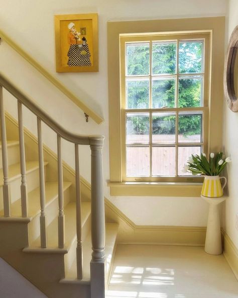 Yellow Stairs, Dix Blue, Dusty Yellow, Wimborne White, Oval Room Blue, Scenic Wallpaper, Yellow Interior, Metallic Wallpaper, Paint Colours