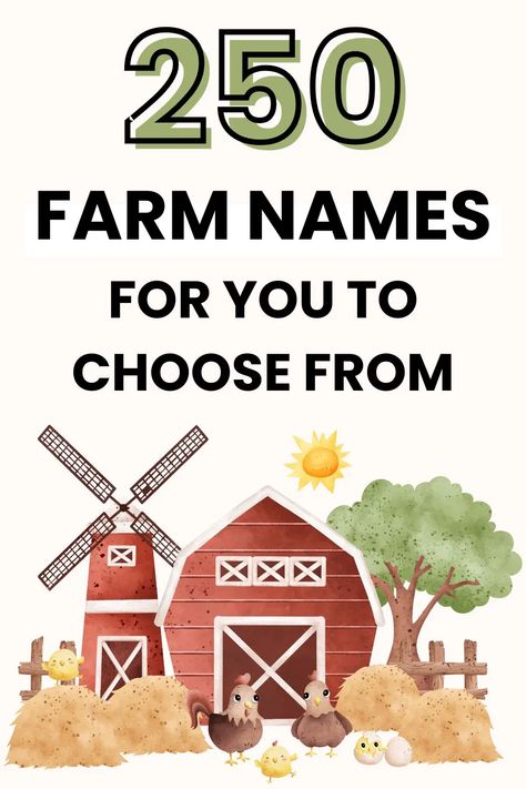 Looking to name your agricultural business? We've got you covered! Check out our list of 250 memorable farm business name ideas. From clever puns to unique word play, there's something for every farm owner! Cute Farm Stand Names, Farmers Market Name Ideas, Small Farm Business Ideas, Hay Day Farm Name Ideas, Naming Your Farm, Egg Business Names, Names For Farms, Funny Farm Names, Country Business Names