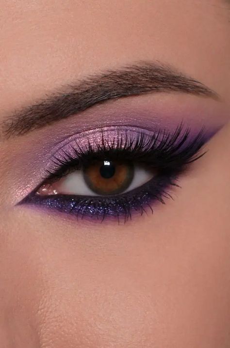 Purple Eye Makeup Smokey, Lipstick With Purple Eyeshadow, Prom Make Up Purple, Royal Purple Makeup Looks, Mal From Descendants Makeup, Purple Eyeshadow Looks Hooded Eyes, Purple Make Up Brown Eyes, Lilac Smokey Eye, Purple Bridal Makeup For Brown Eyes