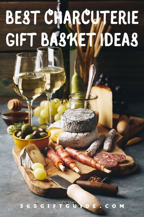 A charcuterie gift basket is a great idea for meat and cheese lovers and foodies. It contains everything for a delightful evening at home. This selection of charcuterie gift baskets is gorgeous and thoughtful. #gifts #giftshop #giftidea #giftideas #gift #charcuterie #giftbasket #charcuteriegiftbasket #charcuteriegiftbasketideas #charcuteriebox Charcuterie Board Gift Accessories, Gift Basket Charcuterie Board, Christmas Charcuterie Gift Basket, Gift Basket Ideas Charcuterie, Cheese Board Gift Basket Diy, Charcuterie Themed Gift Basket, Gifting A Charcuterie Board, Wine Cheese Basket Gift Ideas, Appetizer Gift Basket Ideas