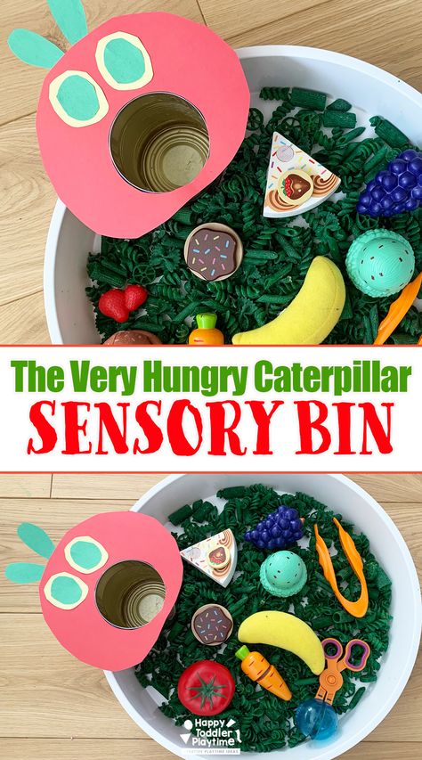 The Very Hungry Caterpillar Sensory Bin Hunger Caterpillar Activities, Alligator Sensory Bin, Toddler Bin Activities, Feed The Caterpillar Activity, Farmers Market Sensory Bin, Preschool Hungry Caterpillar Activities, Very Hungry Caterpillar Craft Preschool, Insect Sensory Play, Center Activities For Preschool