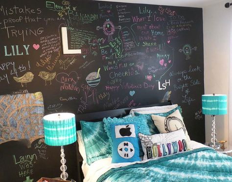 Turn a kid's room into a teen's room for under $100 Chalkboard Headboard, Chalkboard Walls, Teen Girl Bedroom, Chalkboard Wall, Inspired Makeup, Party Photo, Teen Room, Teen Bedroom