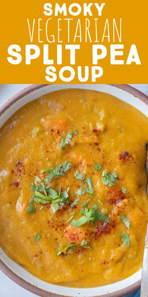 This Vegetarian Split Pea Soup is packed with tons of flavor and gets its smokiness from the smoked paprika. This plant based soup is hearty, filling and perfect for a cold winter day. Aside from split peas, it is also filled with carrots, celery, onion and potatoes. Enjoy for lunch or dinner and serve with bread and salad, if desired. #splitpeasoup #vegetarianrecipe #veganfood #easylunch #onepotmeal #heartysoup Vegetarian Split Pea Soup Slow Cooker, Split Pea Potato Soup, Vegetarian Split Pea Soup Stove Top, Vegan Pea Soup Recipe, Split Pea Soup Recipe Vegetarian, Split Pea Soup Vegetarian, Quick Potato Soup, Split Pea Soup Slow Cooker, Plant Based Soup