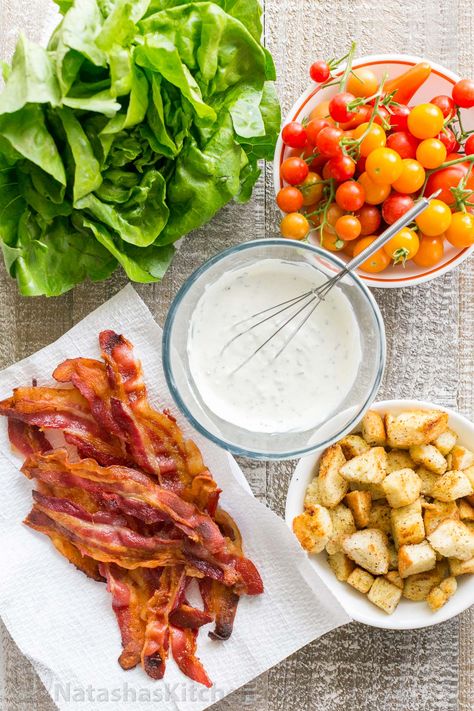 BLT Salad Recipe + Best BLT Salad Dressing! - NatashasKitchen.com Blt Salad Dressing, Deli Dressing, Blt Salad Recipe, Blt Salad, Fun Salads, Lettuce Salad, Salad Dressing Recipes, Avocado Salad, Side Salad