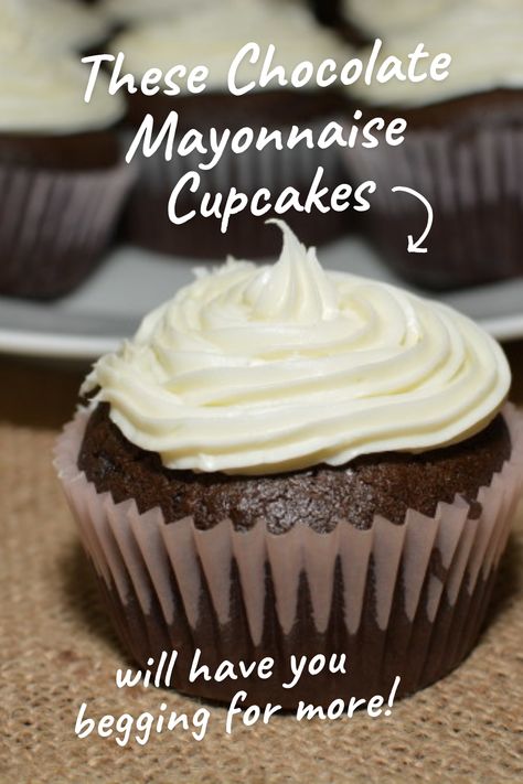 There’s nothing better than the combo of chocolate cupcakes and white buttercream frosting. These Chocolate Mayonnaise Cupcakes recreate that classic flavor combination with a time-tested recipe from my Grandma! Chocolate Mayonnaise Cupcakes, Buttermilk Cupcake Recipes, Super Moist Cupcakes, Mayonnaise Cupcakes, Chocolate Mayonnaise Cake Recipe, Mayo Cupcakes, Mayonnaise Cake Recipe, Super Moist Chocolate Cupcakes, Chocolate Cupcakes From Scratch