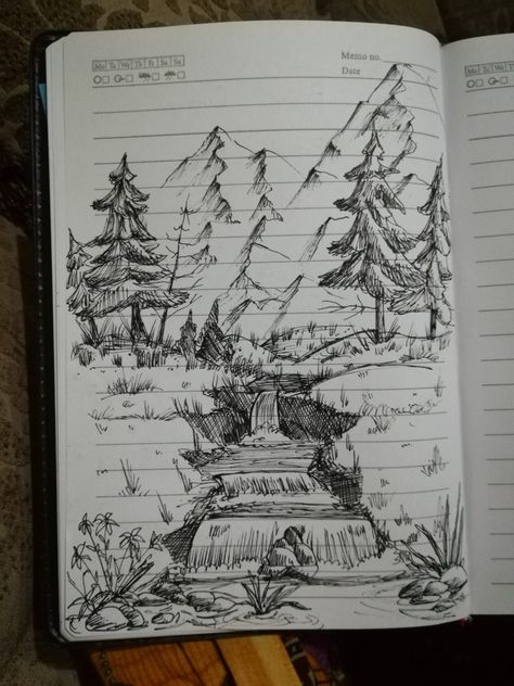 Woods Sketch Trees, Drawing Ideas For Nature, Sketch Of Landscape, Landscape Pencil Art, Landscape Ideas Art Drawing, Stone Pathway Drawing, Sketchbook Ideas Landscape, Doodle Inspiration Sketchbooks, Nature Drawing Tutorial