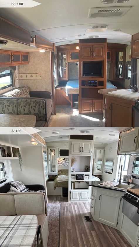 5 Wheel Camper Remodel, Redone Rv Interiors, Renovating A Camper, Updated Rv Interior, Camper Fixer Upper, Trailer House Decor, Redone Trailers Camper Interior, Camper Cabinets Painting, Holiday Trailer Renovations