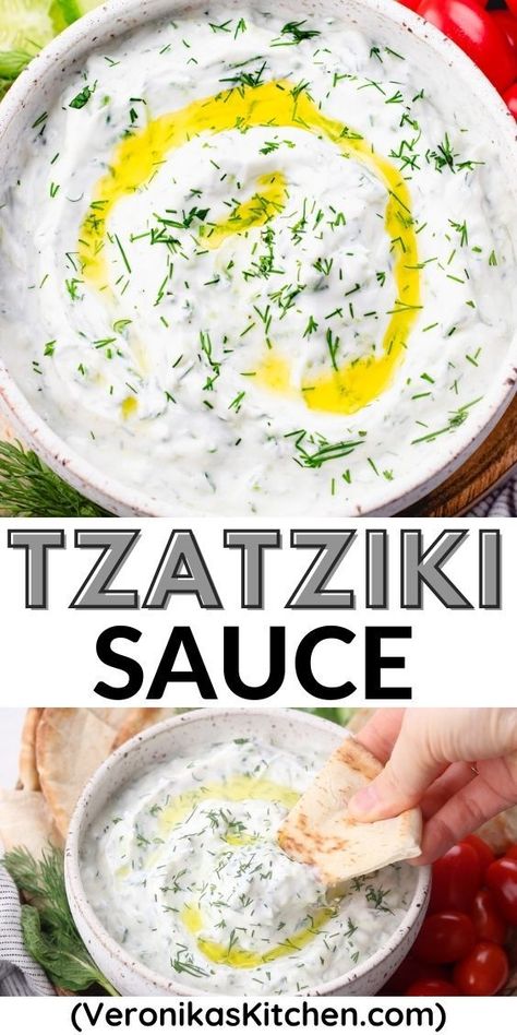 Tzatziki sauce, topped with dill and olive oil, in a bowl. Diy Tzatziki Sauce, Zaziki Sauce Greek Yogurt, Dill Greek Yogurt Dip, Tsatsiki Recipe Greek Yogurt, Greek Yourgut Recipe, Taziki Sauce Recipe, Healthy Tzatziki Sauce, Healthy Greek Yogurt Recipes, Best Tzatziki Sauce Recipe