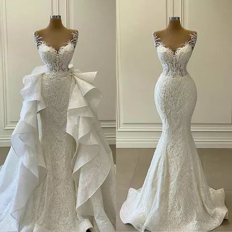 2021 White Mermaid Wedding Dresses with Detachable Train Ruffles Lace Appliqued Bridal Gowns Plus Size Vestidos de novia _ - AliExpress Mobile Wedding Dress Prices, White Mermaid, Detachable Train, Gaun Fashion, Gown Plus Size, Mermaid Wedding Dresses, Wedding Gowns Mermaid, Wedding Dress Fabrics, Traditional Wedding Dresses