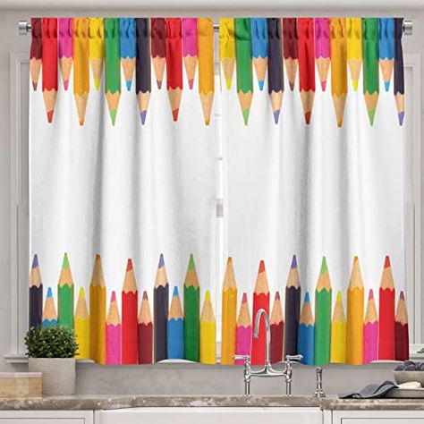 Lunarable Science Kitchen Curtains, Coloured Pencils Painting Theme Primary Creativity ABC Print, Window Drapes 2 Panel Set for Kitchen Cafe Decor, 55" x 39", Multicolor School Kitchen, Kitchen Window Curtains, Children Painting, Abc Print, Small Window Curtains, Long Kitchen, School Creative, Kitchen Cafe, Modern Curtains