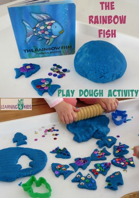 The Rainbow Fish by Marcus Pfister inspired activity - using play dough and sequins to re-create the story Rainbow Fish Activities, Preschool Books, The Rainbow Fish, Play Dough, Fish Activities, Preschool Fun, Playdough Activities, Preschool Art, Rainbow Fish