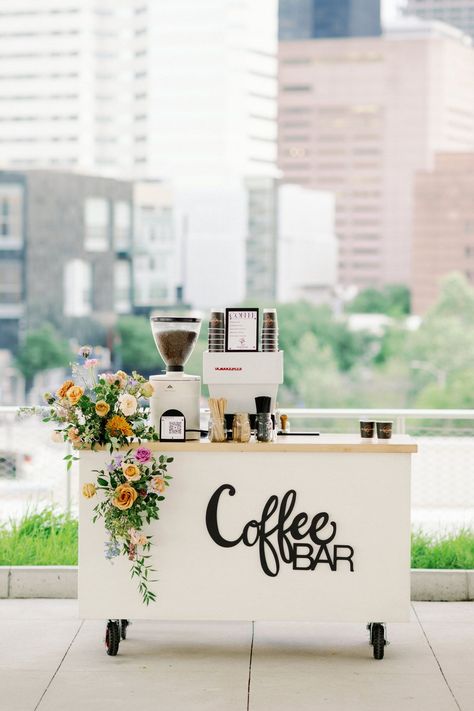 This Houston rooftop wedding sets the stage where chic meets playful, where the traditional wedding script is flipped, and the cityscape provides a breathtaking canvas for a love story unlike any other. Coffee Station Party Ideas, Coffee Station Ideas Party, Coffee Station For Party, Espresso Bar Wedding, Wedding Coffee Station, Coffee Bar Ideas For Party, Coffee Station Wedding, Colorful Rooftop, Mobile Coffee Cart