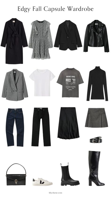 Edgy Capsule Wardrobe, Fall Capsule Wardrobe 2023, Black Capsule Wardrobe, Capsule Wardrobe 2023, Chic Capsule Wardrobe, Minimalist Moda, Capsule Wardrobe Women, Basic Wardrobe Essentials, Capsule Wardrobe Basics