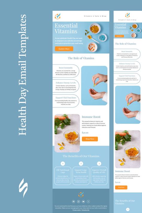 World Health Day email template "The role of vitamins" for health and wellness industry. Create eye-catching templates that leave a lasting impact.🌠🌟 Follow us on Pinterest for design and marketing hacks! 📈💌 #healthday #stripoemail #emailtips #emailnewsletter #emailtemplate #emaildesign #emailmarketing #emaildesignlayout Infographic Email Design, Educational Email Design, Email Design Corporate, Medical Email Design, Marketing Newsletter Design, Website Design Wellness, Health Newsletter Design, Promotional Email Design, Minimal Email Design