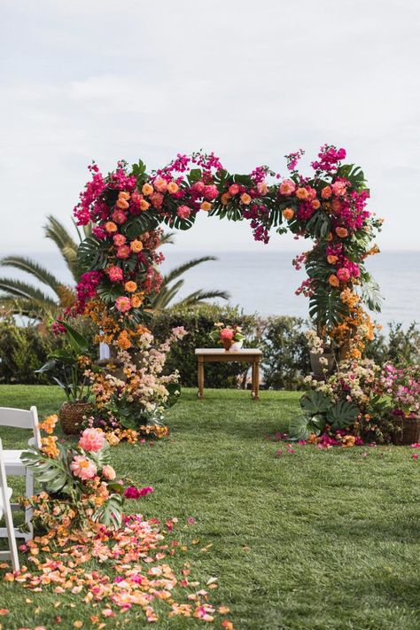 We are on the border between fainting and jumping in the air ecstatically after seeing this whimsical Bel Air wedding with a lush, tropical twist - hello, ombre floral arch! Katrina and Jesse wanted a fun party, and boy did they exceed with a whimsically colorful wedding to remember. Bay views, tile-inspired motifs, drippy bougainvillea and summer peonies - you best get ready to bookmark this page on #ruffledblog Rustic Wedding Decorations, Wedding Ceremony Ideas, Wedding Altars, Outdoor Wedding Decorations, Floral Arch, Tropical Wedding, Instagram Page, Ceremony Decorations, Outdoor Ceremony