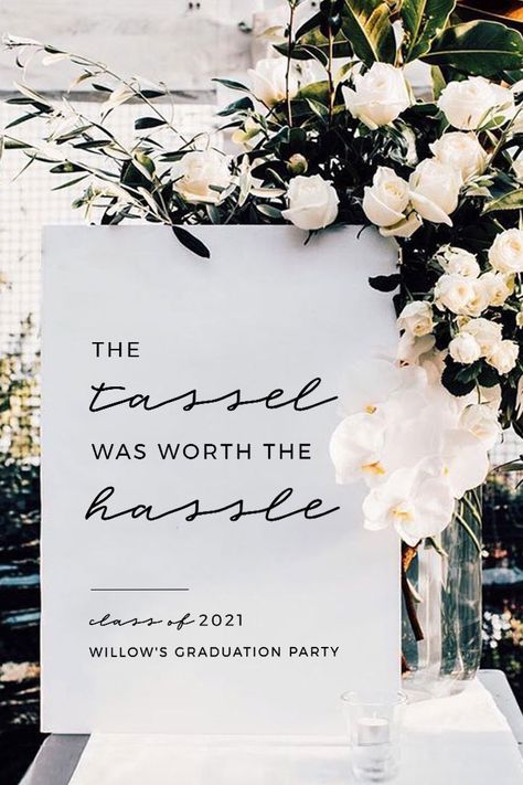 Ellery Minimalist 'Tassel was worth the Hassle' Graduation Party Welcome Sign Venue Graduation Party, Graduation Party Minimalist, College Graduation Decorations Party, Graduation Party Ideas Decorations Aesthetic, Graduation Party Ideas Grad School, Graduation Party Ideas Doctor, Graduation Party Welcome Sign Entrance, Unique Graduation Party Ideas Decoration, Minimal Graduation Party Decor